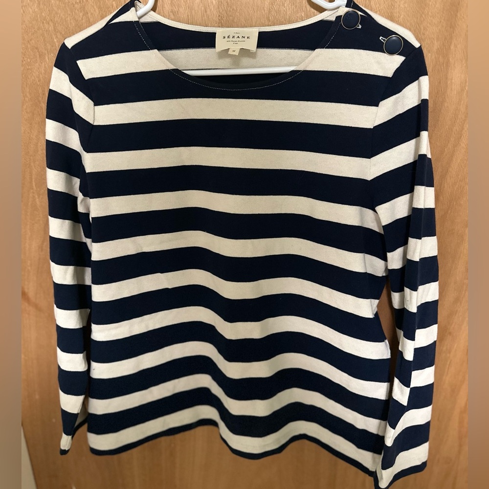 Sezane Navy and White Striped Long Sleeve Top